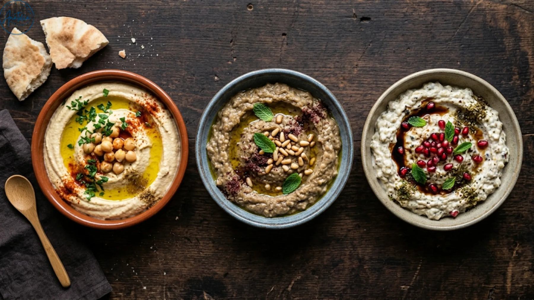 Hummus, baba ganoush and mutabbal side by side showing the difference