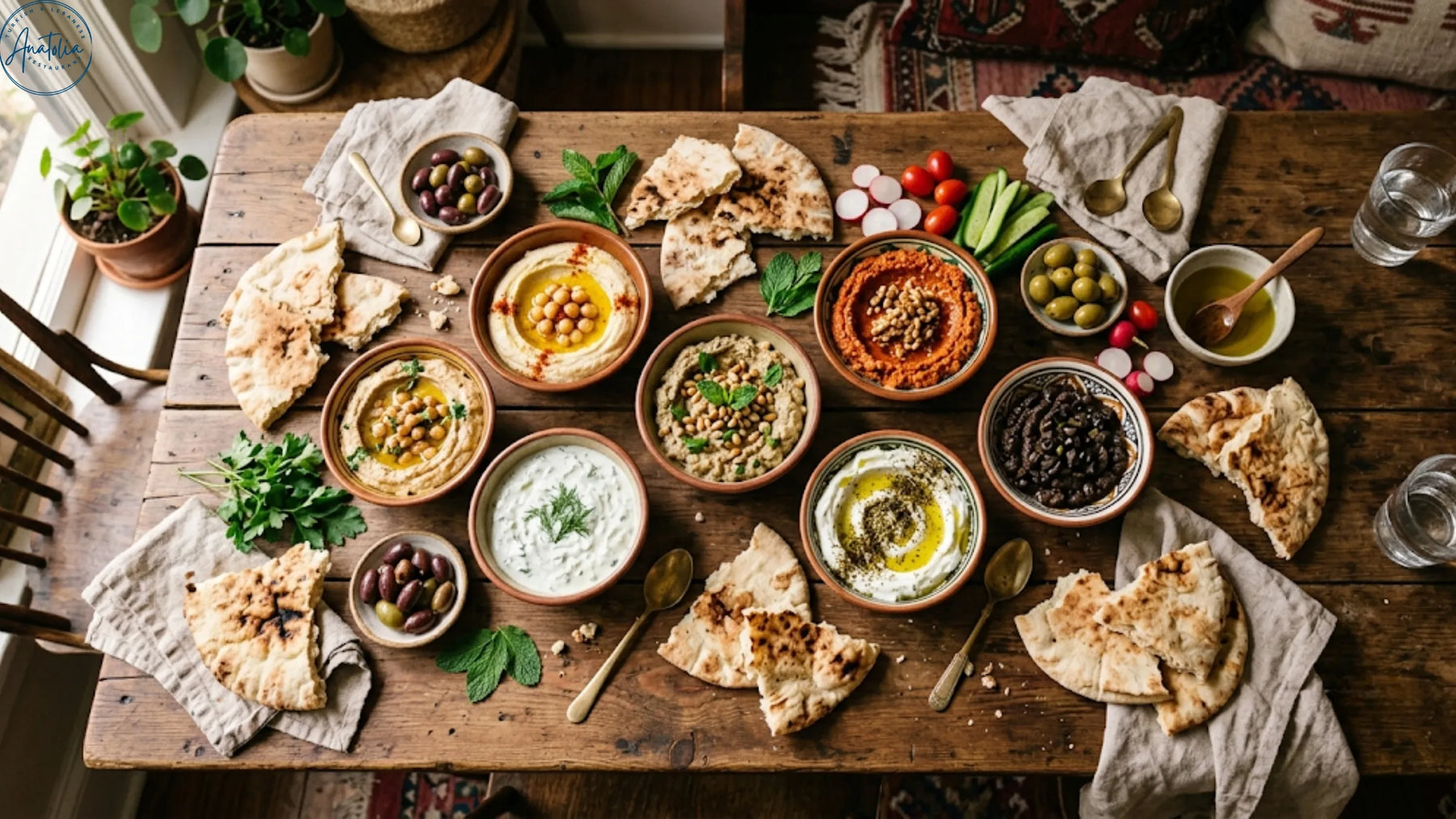 Turkish and Lebanese mezze spread with dips and bread at Anatolia Restaurant