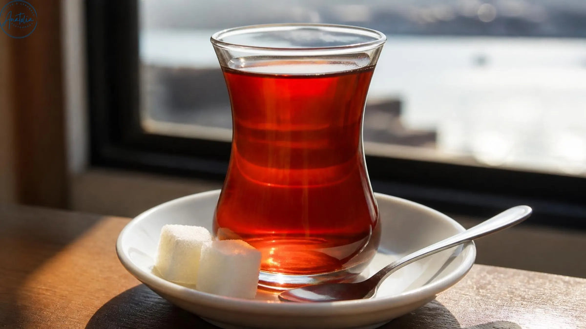 Turkish çay served in a tulip glass with sugar cubes at Anatolia Restaurant