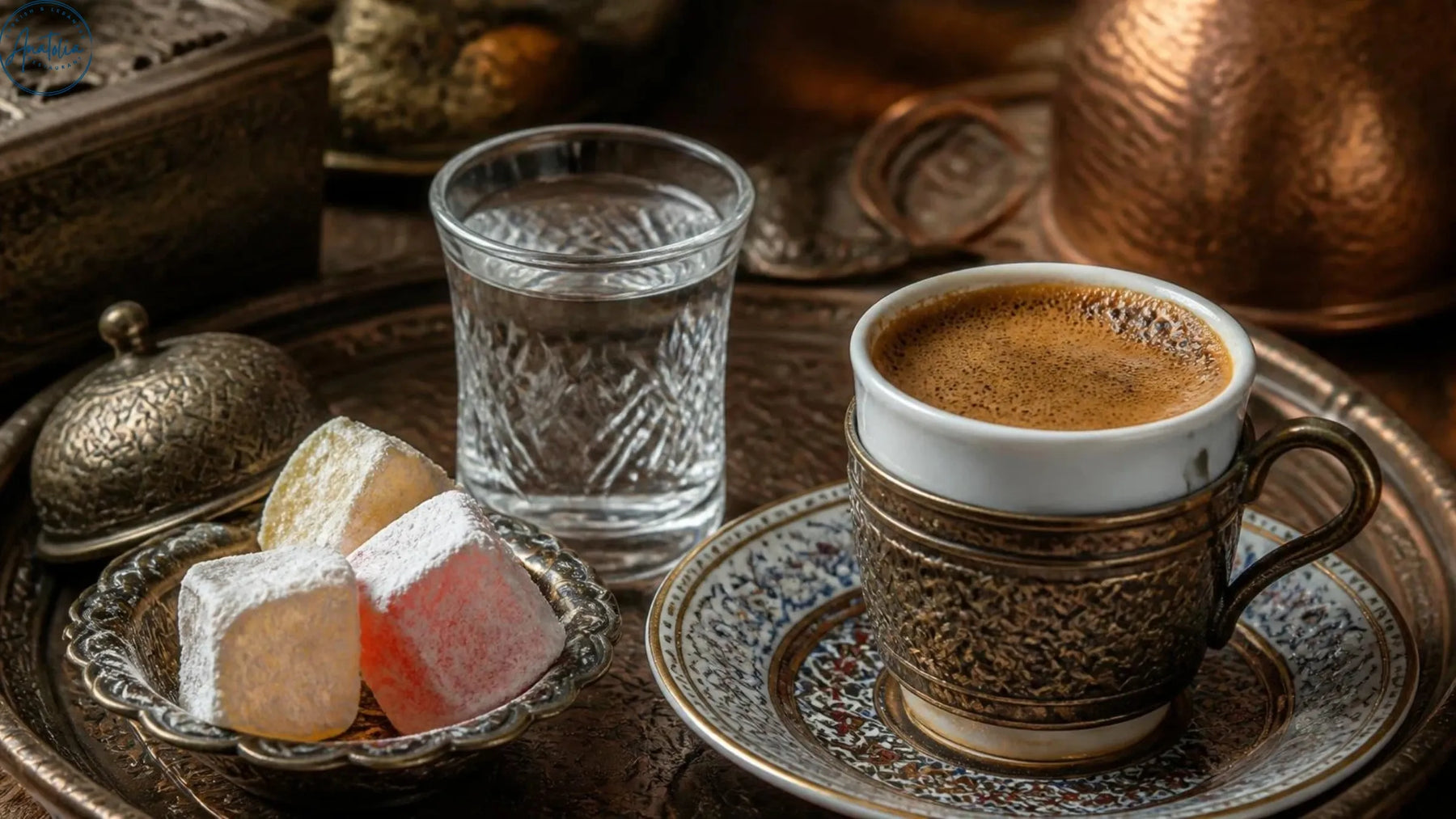 Turkish coffee served with foam, water and Turkish delight at Anatolia Restaurant