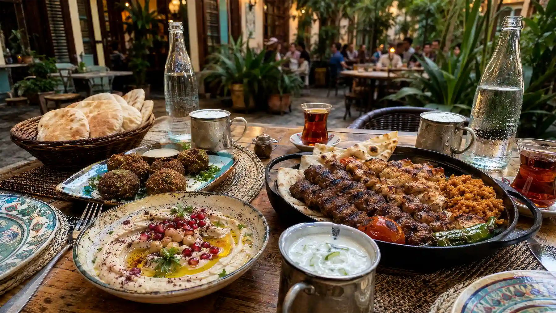An outdoor table in Singapore comparing Arab food vs Turkish food with hummus and falafel alongside grilled kebabs.