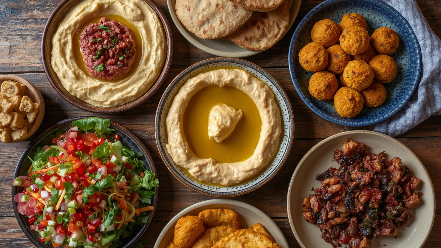 Lebanese mezze spread with hummus, falafel and fattoush in Singapore