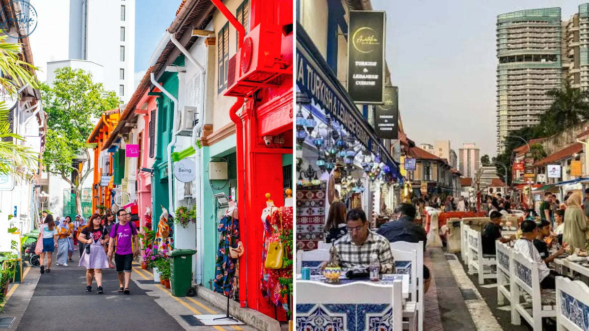 Haji Lane murals beside Arab Street textile shopfronts in Kampong Glam