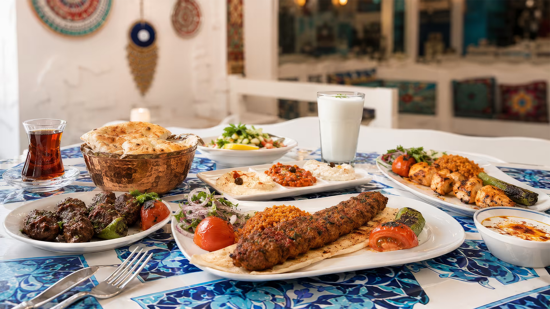 Halal Turkish food in Singapore with kebabs, mezze, bread and ayran at Anatolia Restaurant