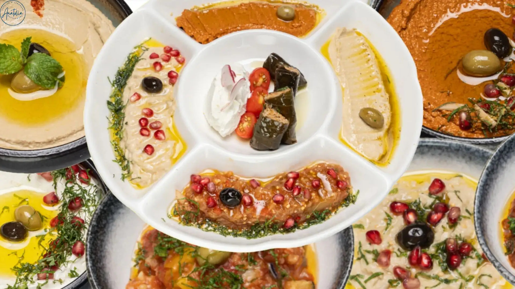 Halal vegetarian food Singapore Turkish mezze spread with hummus falafel and baba ghanoush at Anatolia