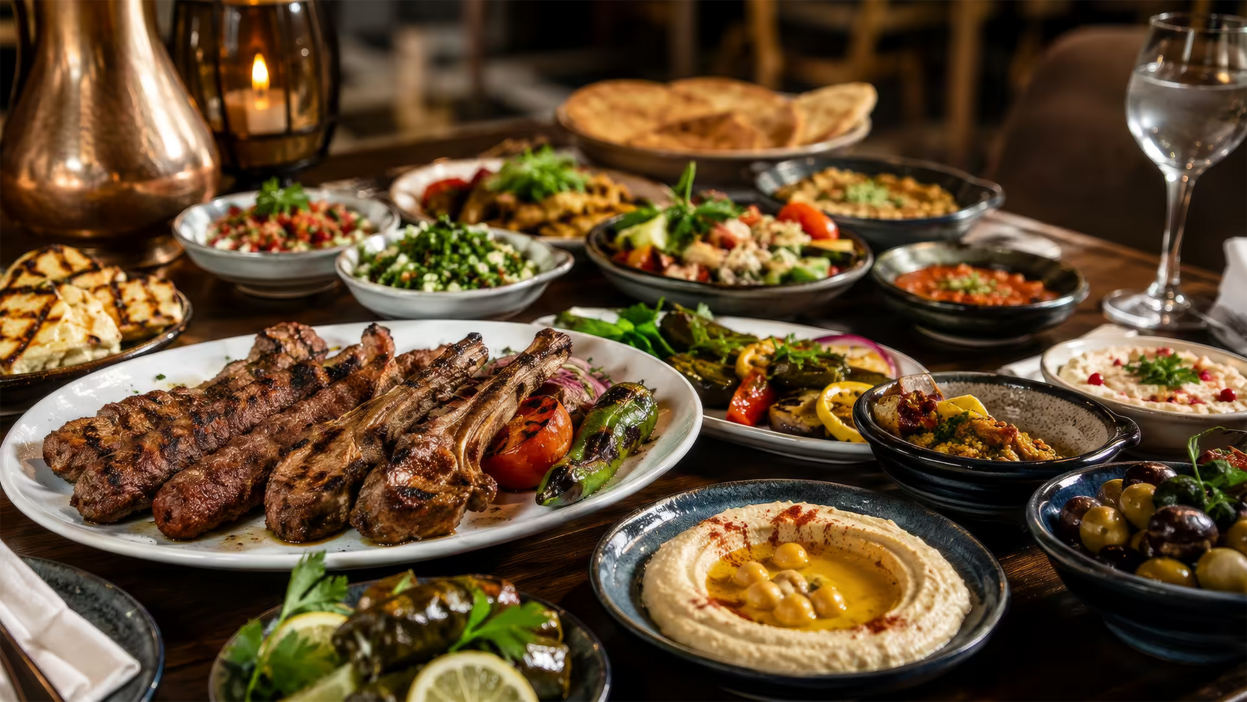 Turkish and Mediterranean food table with mezze, grilled meats, bread and fresh side dishes.
