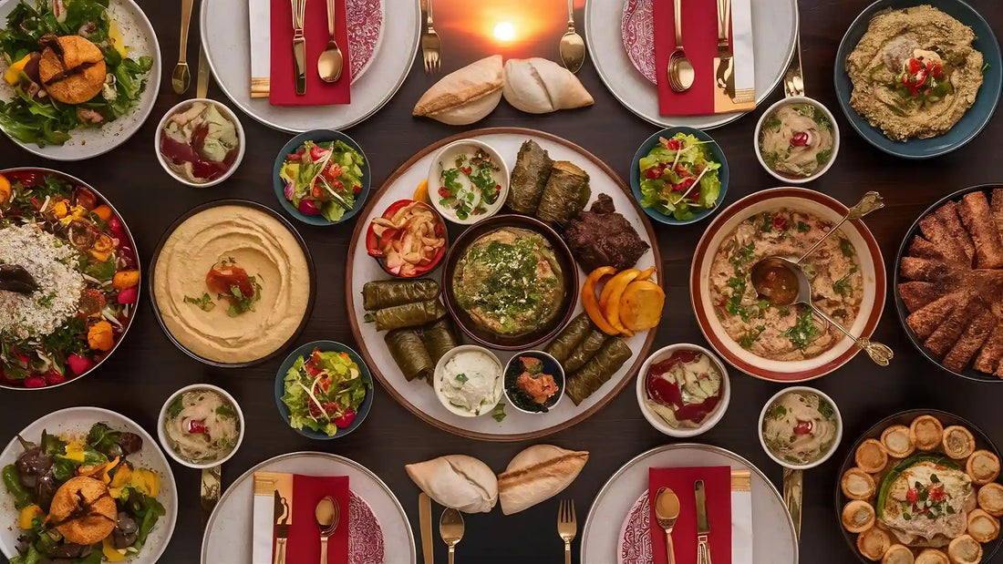 Overhead view of a rich traditional Turkish food spread, including meze platters like hummus and dolma, fresh salads, breads, and kebabs, set for a feast.