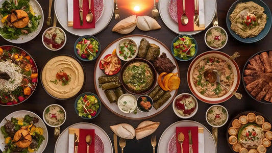 Overhead view of a rich traditional Turkish food spread, including meze platters like hummus and dolma, fresh salads, breads, and kebabs, set for a feast.