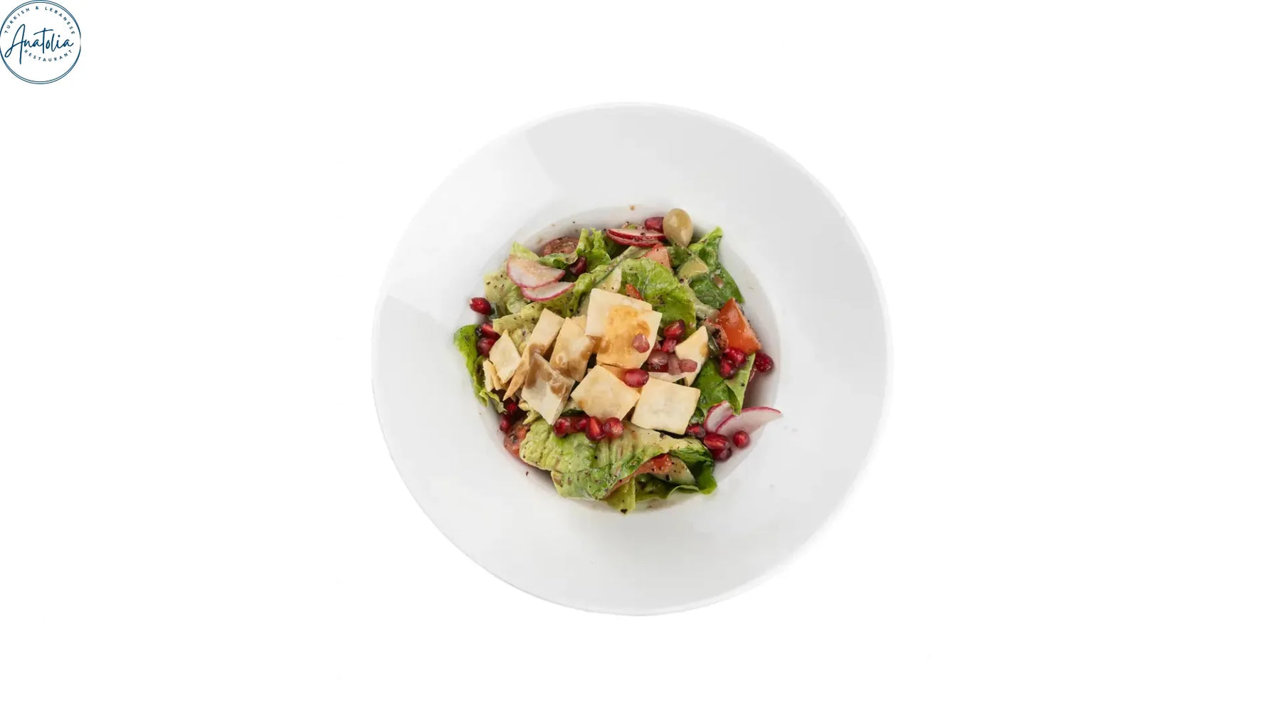 Fattoush salad with crisped flatbread tomatoes cucumber and radish