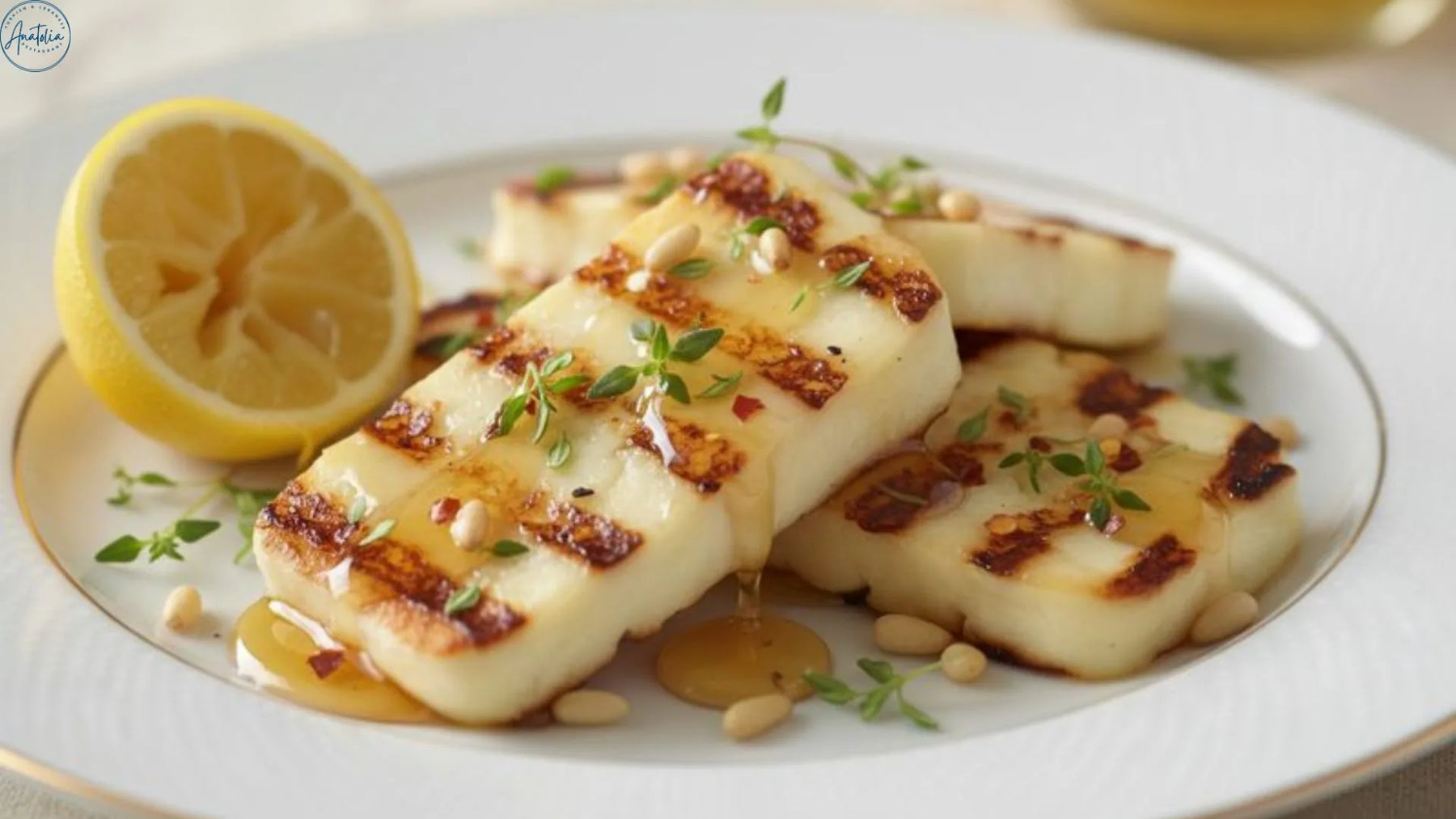 Grilled halloumi cheese slices with golden grill marks served with lemon and herbs
