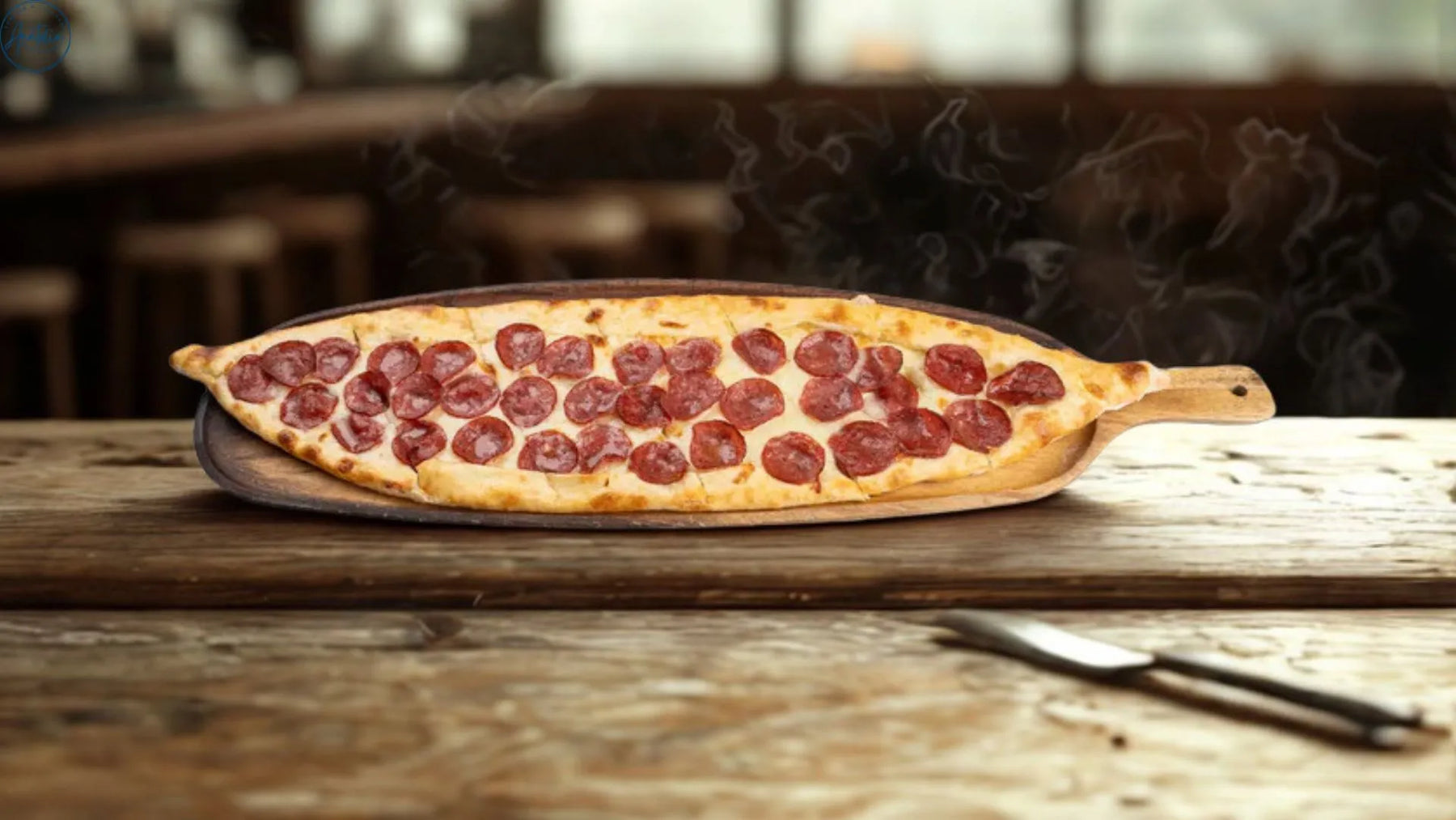 Boat-shaped Turkish pide cut into strips on a wooden board