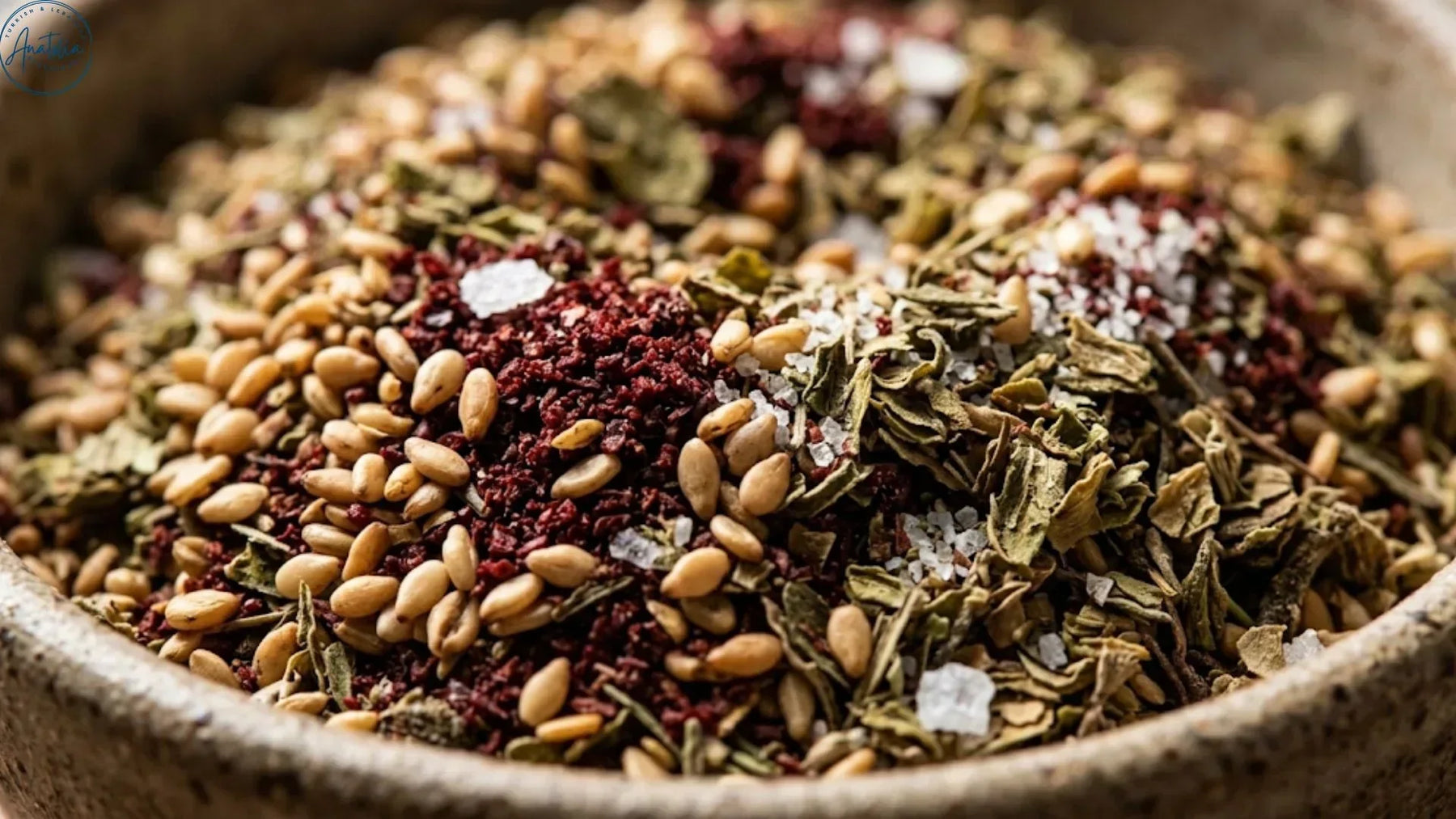 Za'atar spice blend showing sesame seeds, sumac and dried herb