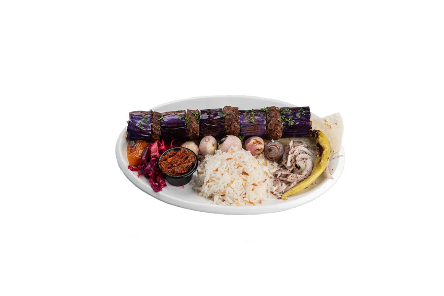 Eggplant kebab with lamb and chicken served with rice at Anatolia Restaurant Singapore