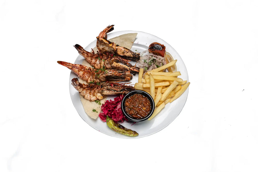 Grilled tiger prawns served with fries and sauce at Anatolia Restaurant Singapore