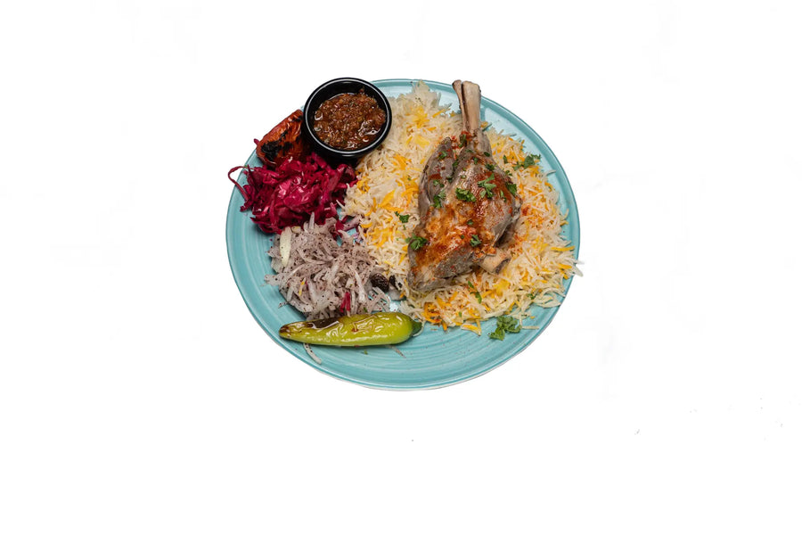 Lamb shank mandi served with rice and ezme sauce at Anatolia Restaurant Singapore