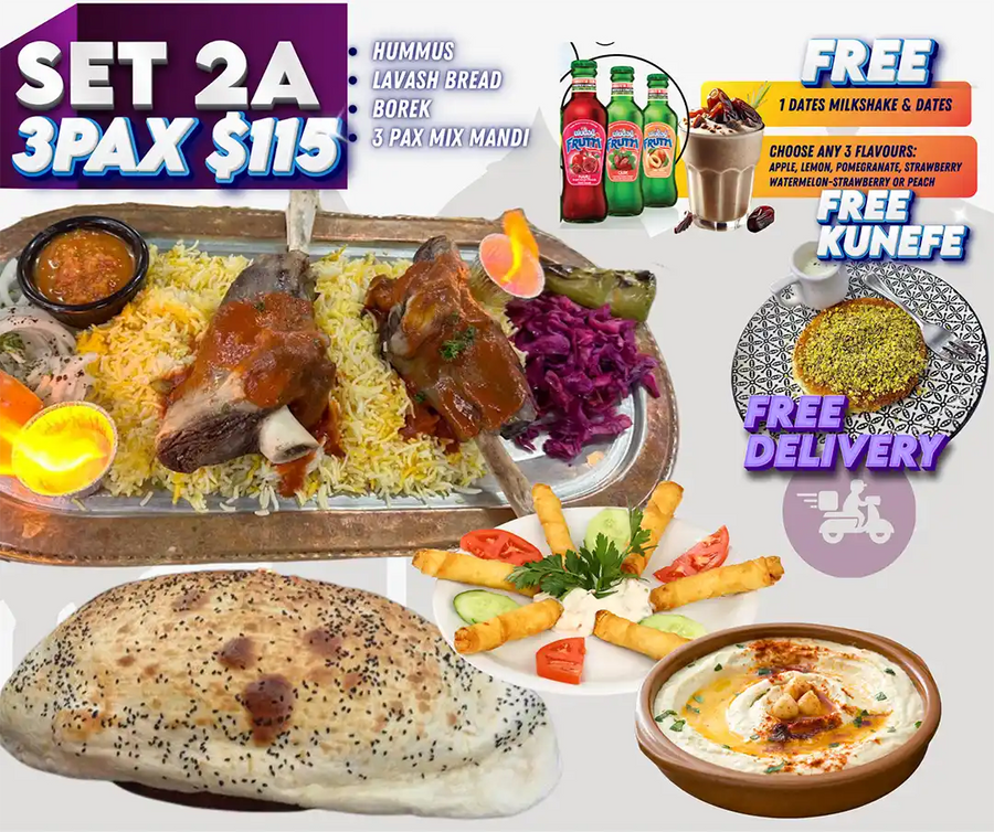 Ramadan Iftar Set 2A for 3 pax with mixed mandi lamb shank, hummus, borek, lavash bread, kunefe and drinks Singapore.