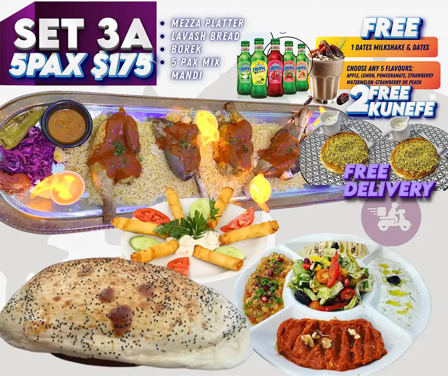 Ramadan Iftar Set 3A for 5 pax with mixed mandi lamb shanks, mezza platter, lavash bread, kunefe and drinks Singapore.