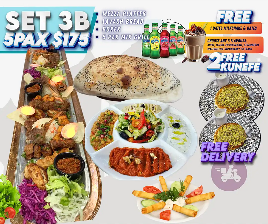 Ramadan Iftar Set 3B for 5 pax with mixed grill platter, mezza platter, lavash bread, kunefe and drinks Singapore.
