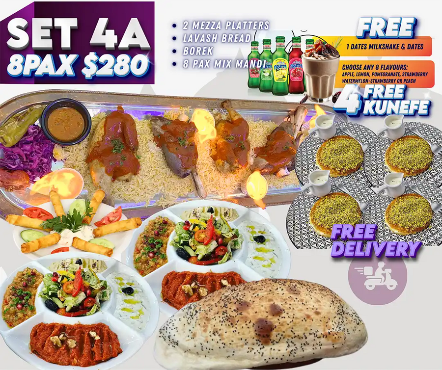 Ramadan Iftar Set 4A for 8 pax with mixed mandi lamb shanks, mezza platters, lavash bread, kunefe and drinks Singapore.