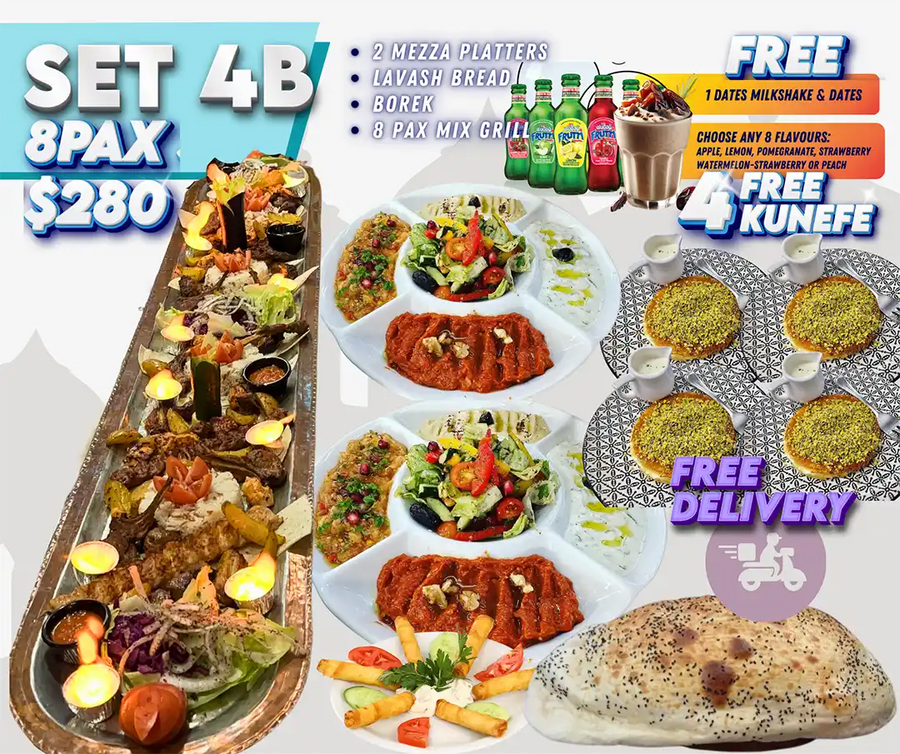 Ramadan Iftar Set 4B for 8 pax with mixed grill platter, mezza platters, lavash bread, kunefe and drinks Singapore.