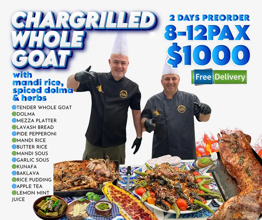 Chargrilled whole goat set for 8 to 12 pax with mandi rice, mezza platter, dolma and desserts Ramadan Singapore.