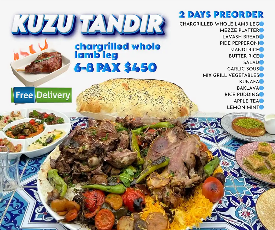 Kuzu Tandir whole lamb leg for 6 to 8 pax with mandi rice, mezza platter, salad and desserts Singapore.