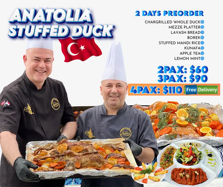 Anatolia stuffed duck Ramadan set with mandi rice, mezza platter and desserts Singapore.